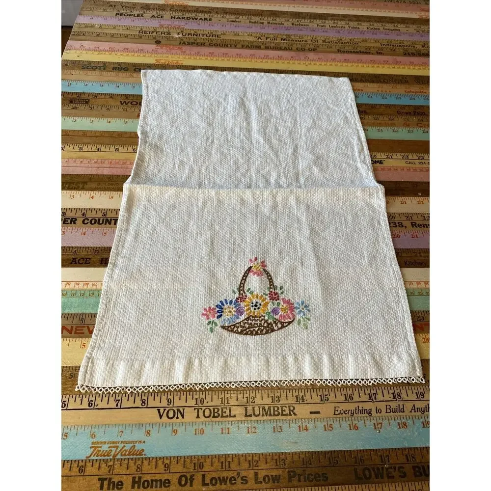 VINTAGE Hand Embroidered Tea Guest Towels Dresser Scarfs LINEN Floral Lot of 3